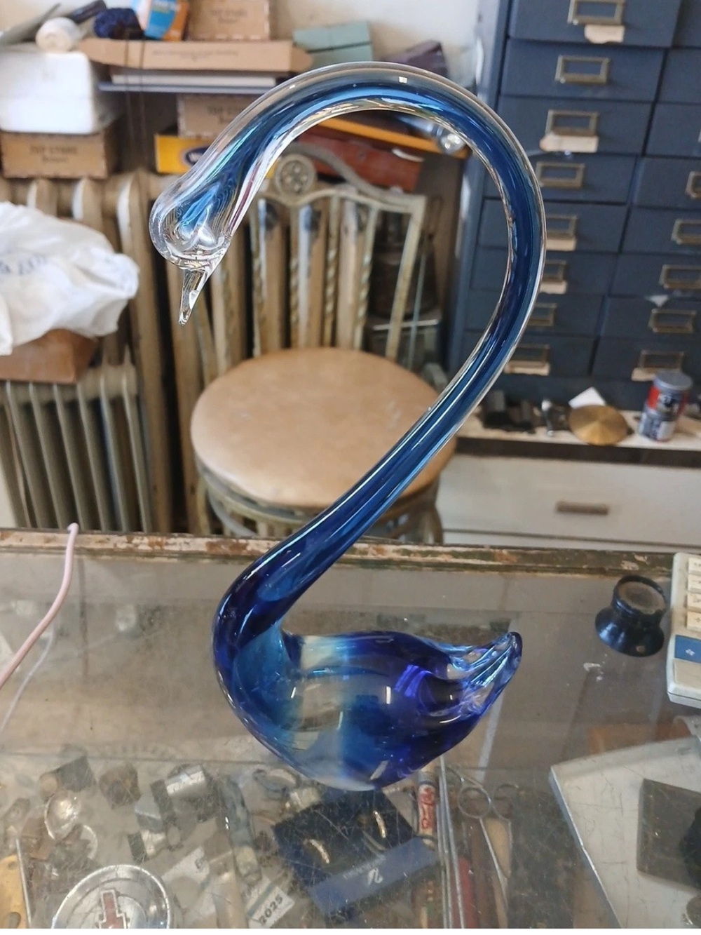 Vintage MCM 11.5  Inch Tall Blue Art Glass Swan